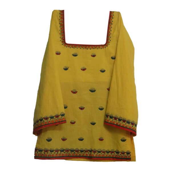 Hand-Painted Yellow Kurti – Abstract Motif Design
